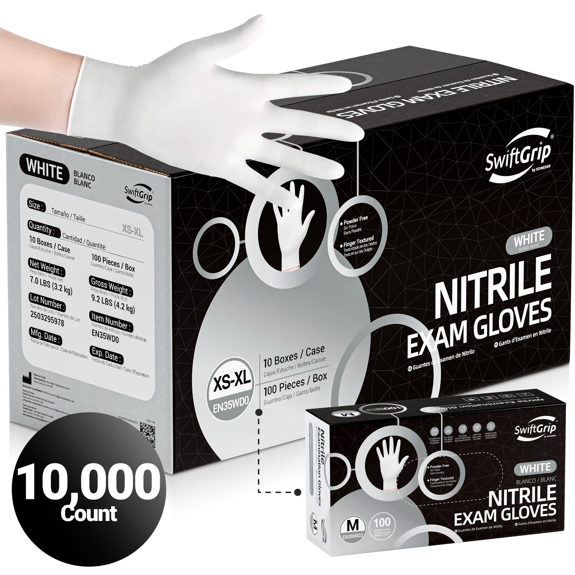 SwiftGrip Nitrile Gloves White, 3mil, 10,000 Count - (EN35WDX-C)