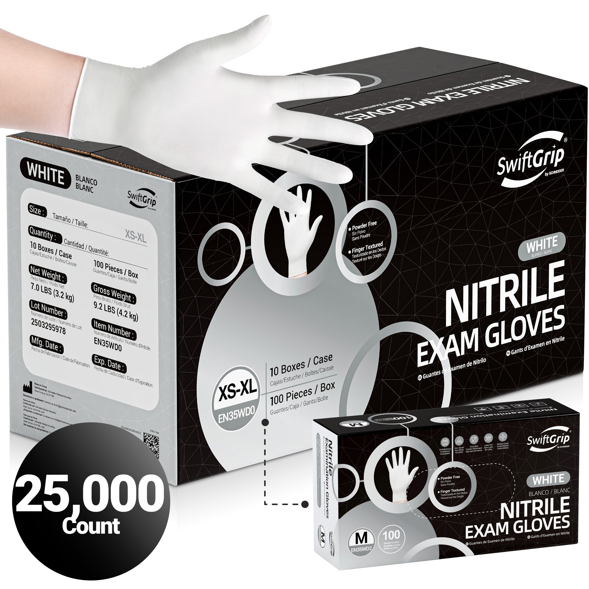 SwiftGrip Nitrile Gloves White, 3mil, 25,000 Count - (EN35WDX-C)