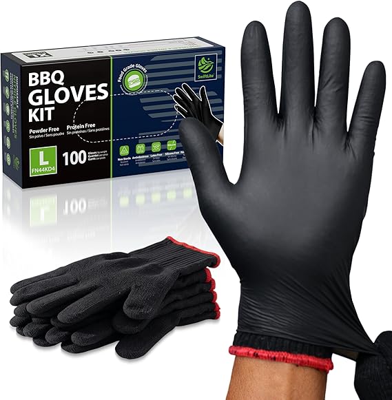 SwiftLite Barbeque Gloves Combo: 100 gloves/box Food Grade Disposable Nitrile Gloves (FN44KD), 4 mil, Black, Finger Textured, Powder Free, 3 Pairs BlackString Knit Cotton Work Gloves, TK100-K, One Size Fits All