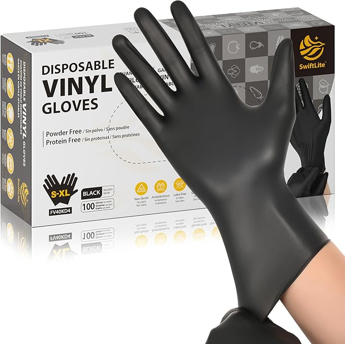 Swiftlite Disposable Vinyl Gloves Case Pack – Black, 4 Mil, FV40KD, (10) x 100 Count Boxes (1000 Count)
