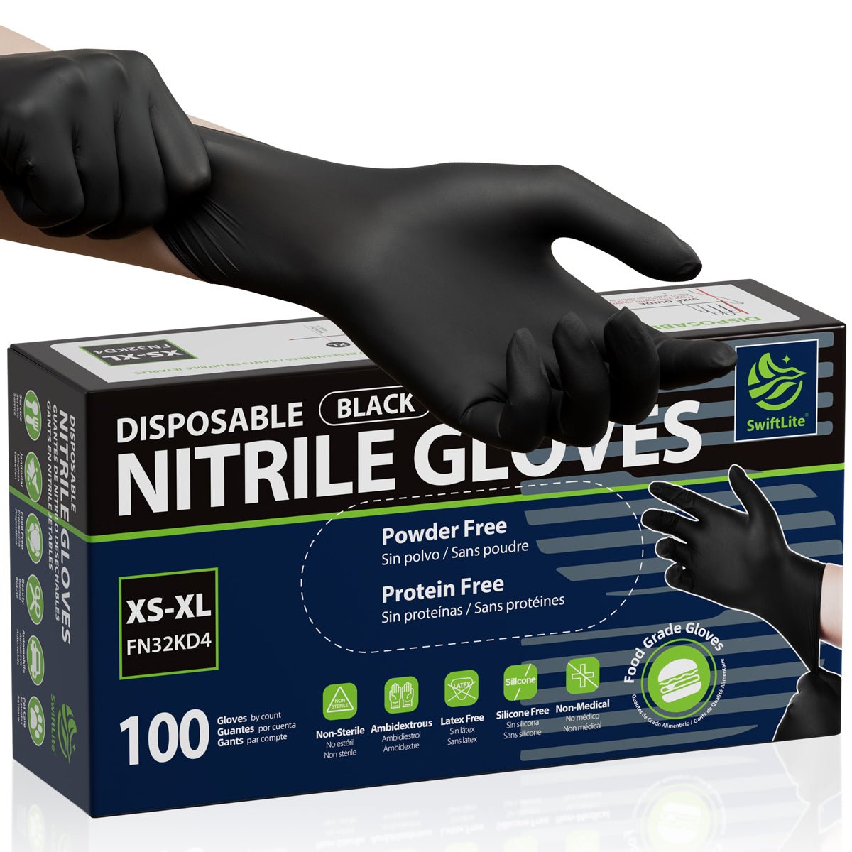 SwiftLite Nitrile Gloves Latex-Free 3Mil Disposable Gloves Black - (FN32K)