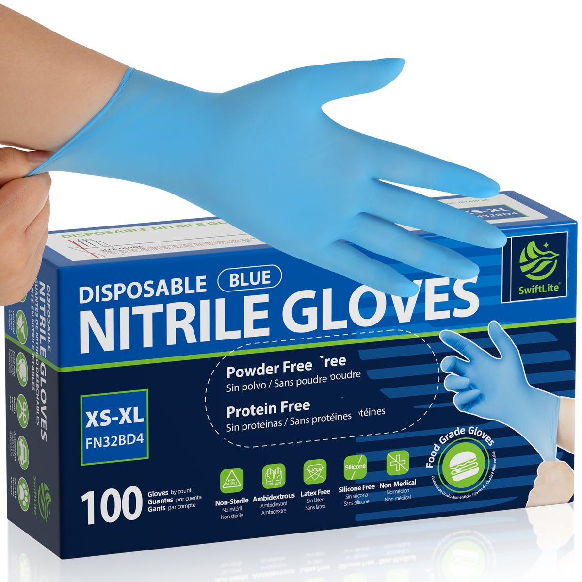 SwiftLite Nitrile Gloves Latex-Free 3Mil Disposable Gloves Blue- (FN32B)