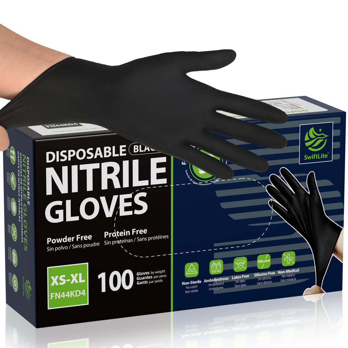 SwiftLite Nitrile Gloves Latex-Free 4Mil Disposable Gloves Black - (FN44K)