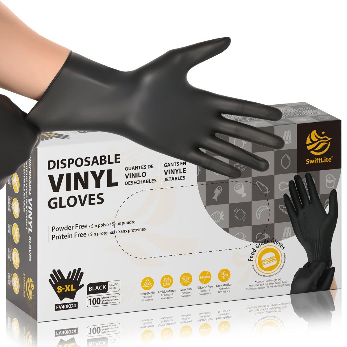 SwiftLite Vinyl Gloves, Latex-Free, 4Mil, Disposable Gloves, Black, FV40K, 100 Count, Medium