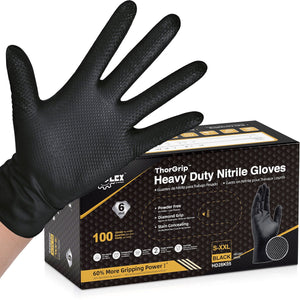 Black nitrile glove with a box of lex ThorGrip Heavy Duty Nitrile Gloves on a white background