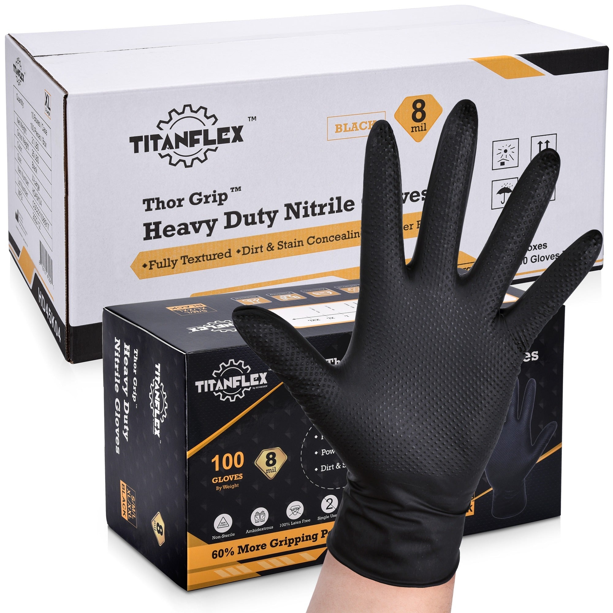 TitanFlex HD45K Series Black Heavy Duty Nitrile Gloves, with Raised Diamond Texture, Case of 1000 (10 Boxes)