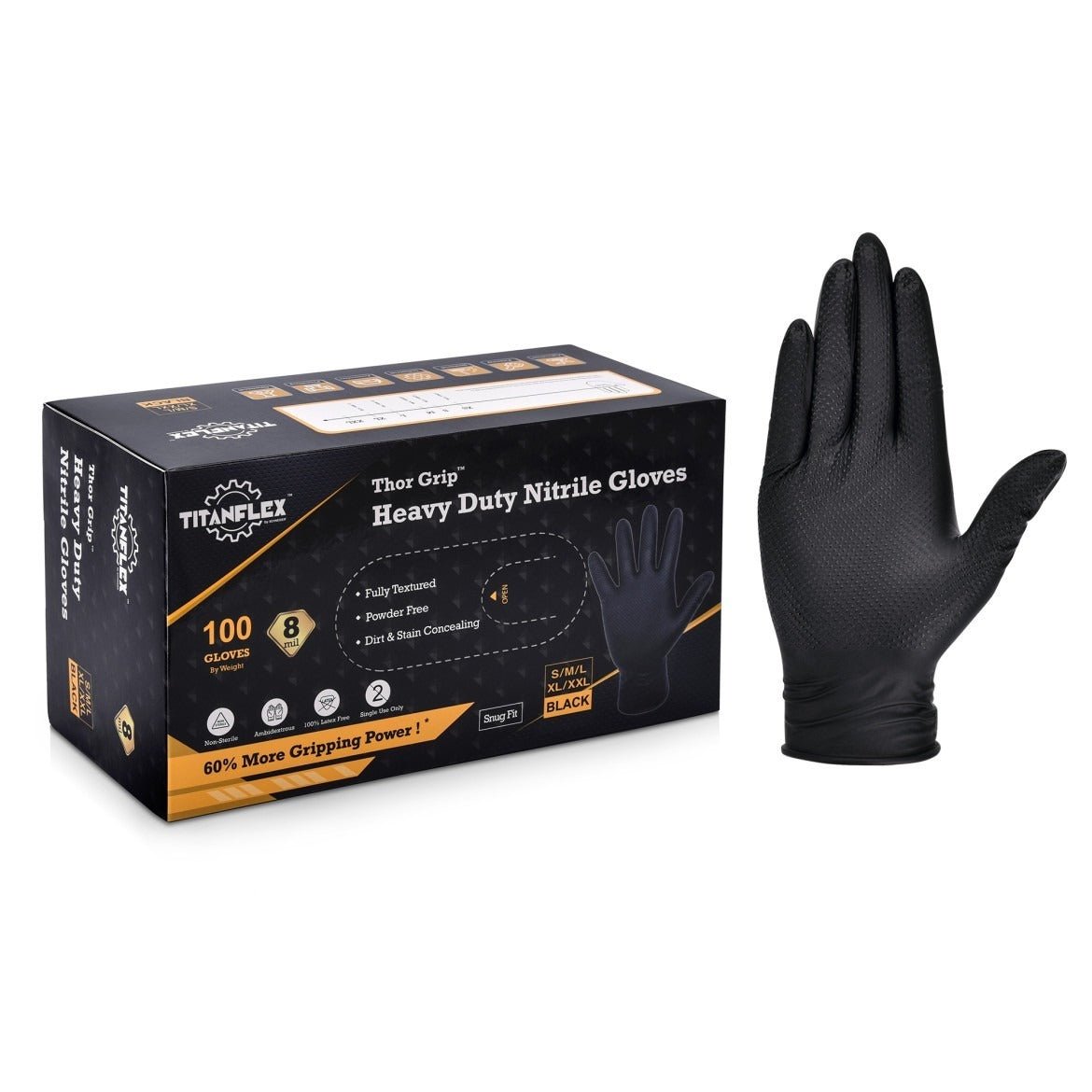 TitanFlex Disposable Heavy-Duty Industrial Nitrile Gloves Case Pack – Black, 8 Mil, HD45K Series, (10) x 100 Count Boxes (1000 Count)