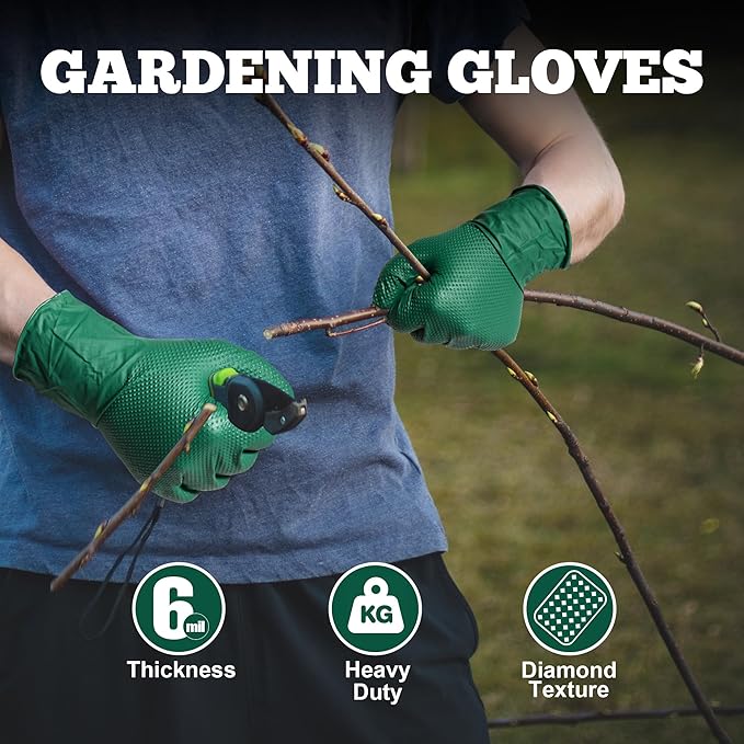disposable gardening gloves TitanFlex Heavy Duty Industrial Nitrile Gloves with Raised Diamond Texture, 6-mil, Latex Free (Dark Green)