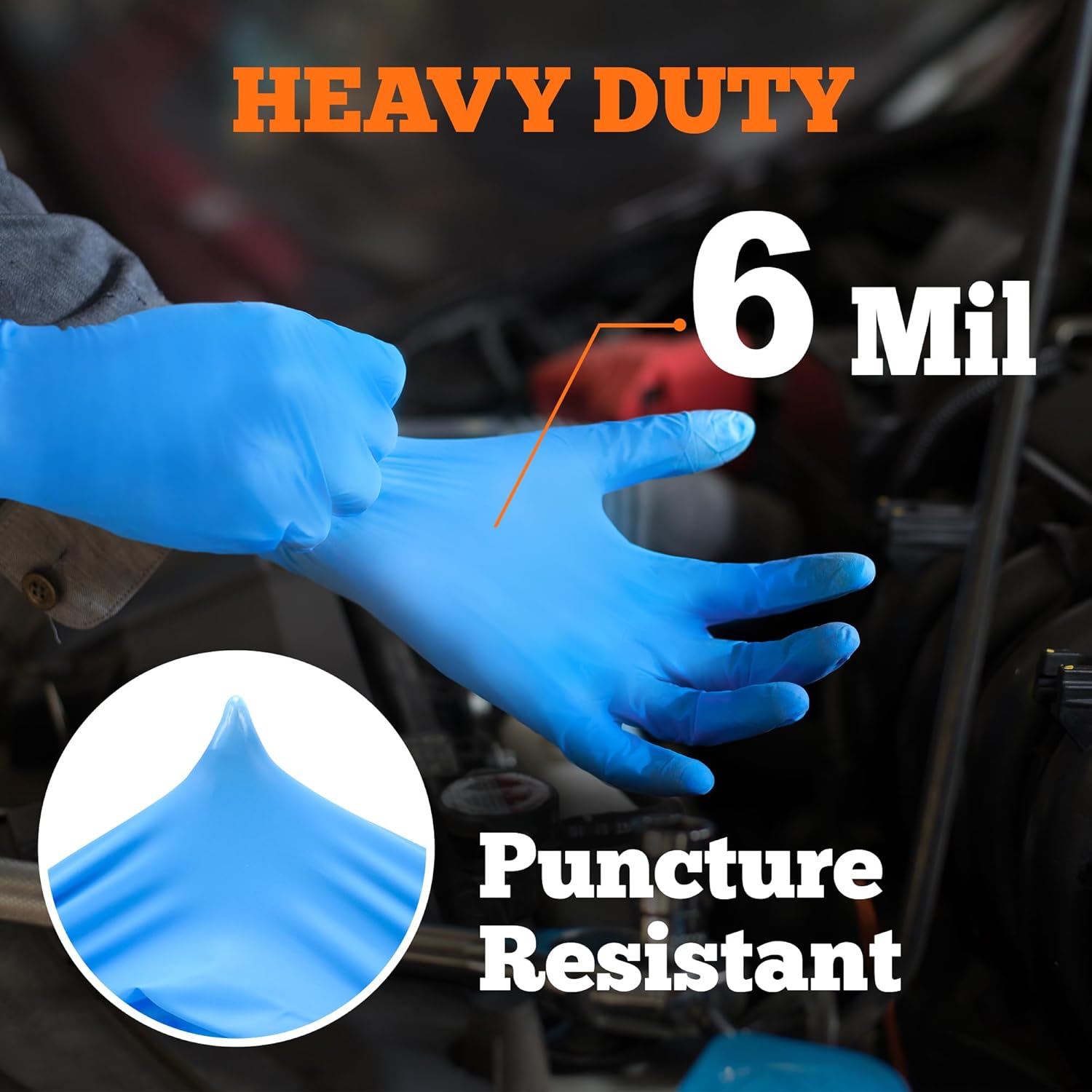Blue gloves with text indicating 'Heavy Duty', '6 Mil', and 'Puncture Resistant' on a blurred background.