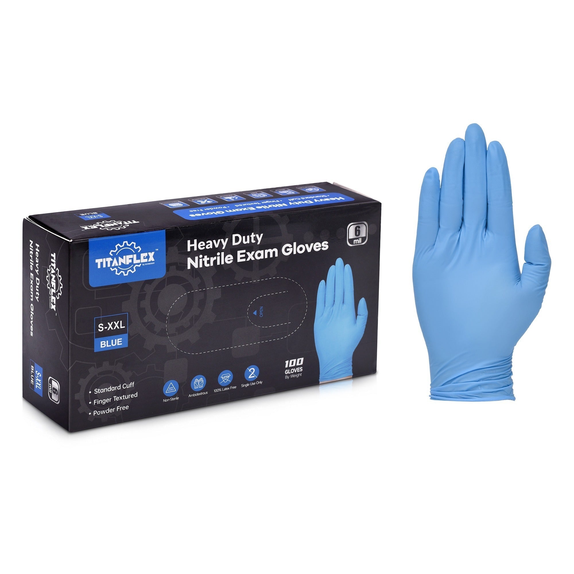 TitanFlex Disposable Heavy-Duty Nitrile Exam Gloves Case Pack – Blue, 6 Mil, HD20B Series, (10) x 100 Count Boxes (1000 Count)