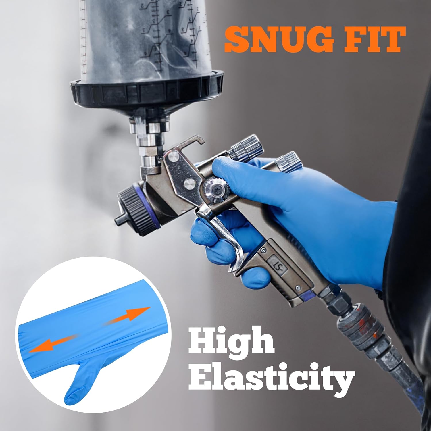 Person holding a spray gun with blue gloves, emphasizing 'Snug Fit' and 'High Elasticity'.