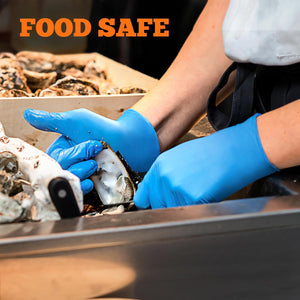 Person wearing blue gloves handling oysters with 'FOOD SAFE' text above.