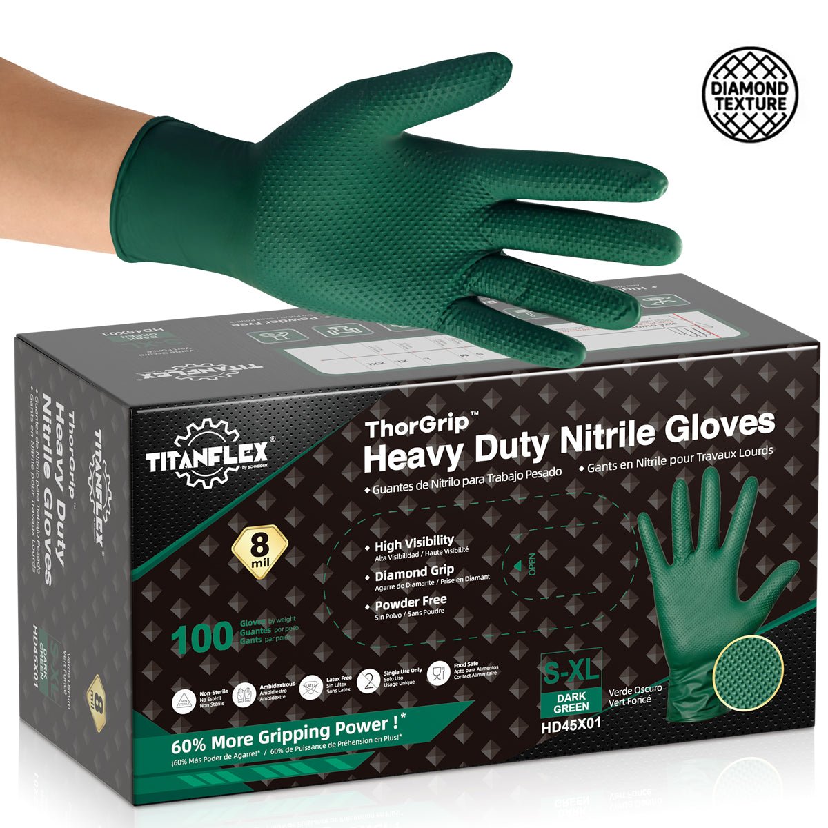 TitanFlex Heavy Duty Nitrile Gloves Latex-Free 8Mil Disposable Gloves Dark Green - (HD45X)