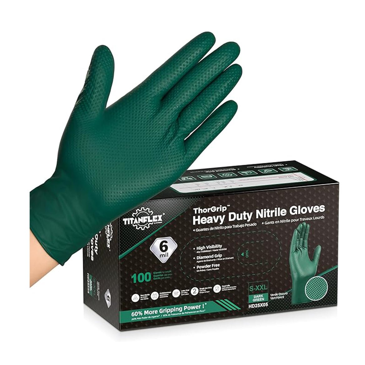 Green heavy-duty nitrile gloves with Titanflex packaging on a white background