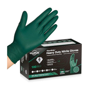 Green heavy-duty nitrile gloves with Titanflex packaging on a white background
