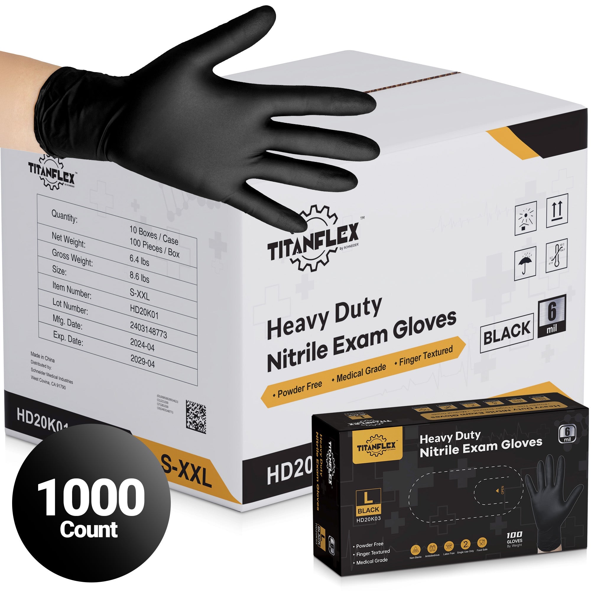 TitanFlex Nitrile Gloves Black, 1000 Count, 6mil - (HD20K0X-C)
