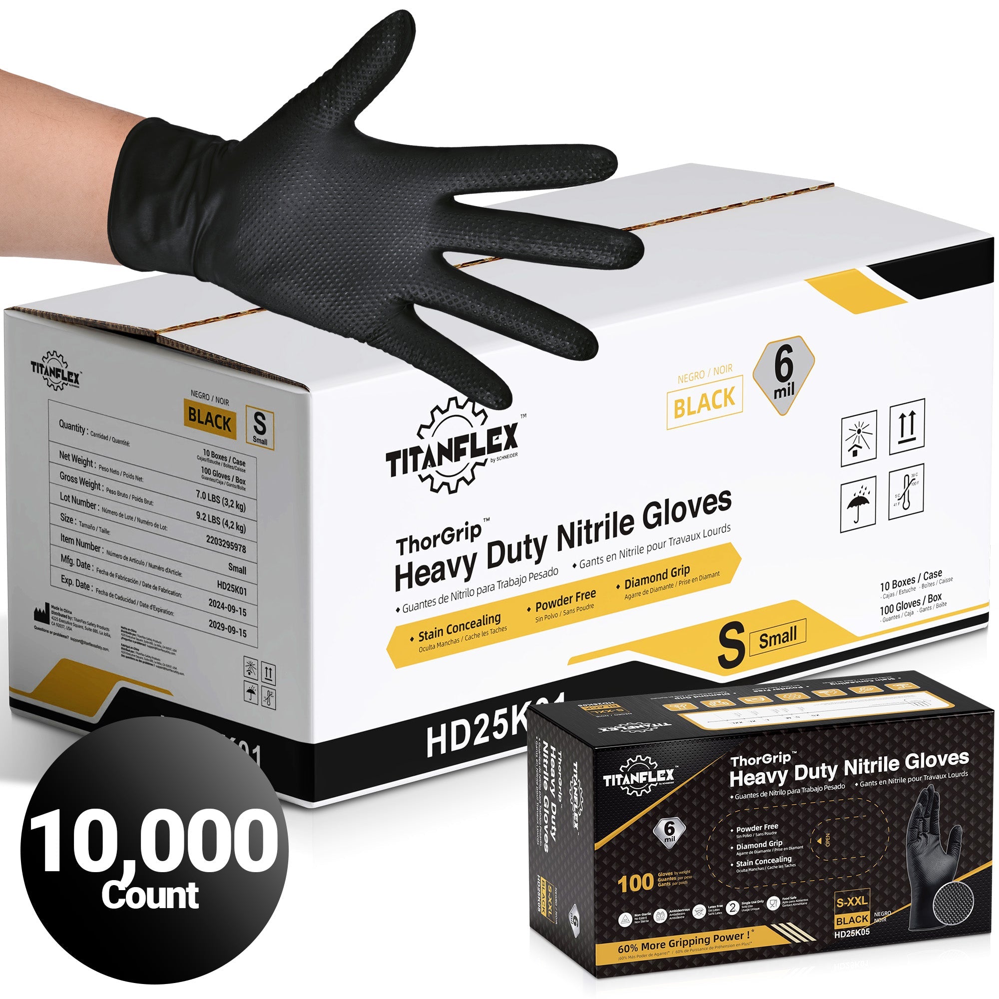 TitanFlex Nitrile Gloves Black, 10,000 Count, 6mil - (HD25K0X-C)