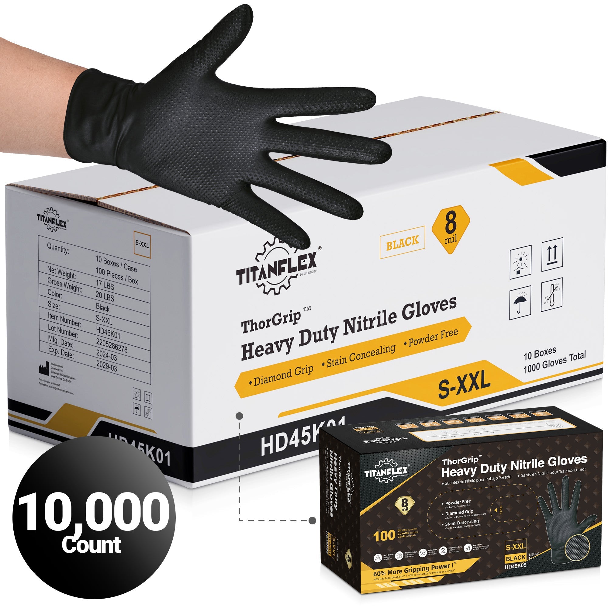 TitanFlex Nitrile Gloves Black, 10,000 Count, 8mil - (HD45K0X-C)