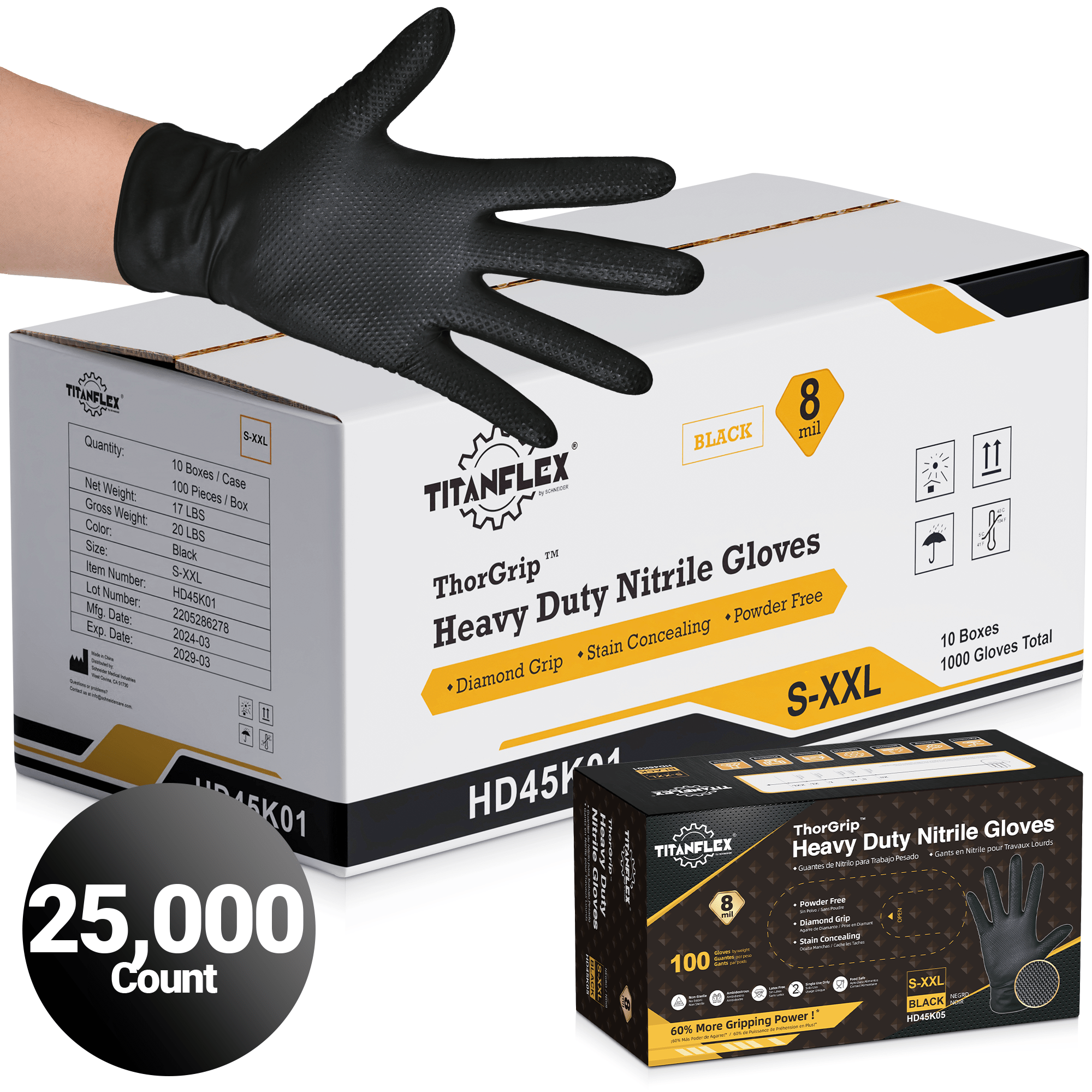 TitanFlex Nitrile Gloves Black, 25,000 Count, 8mil - (HD45K01-C)