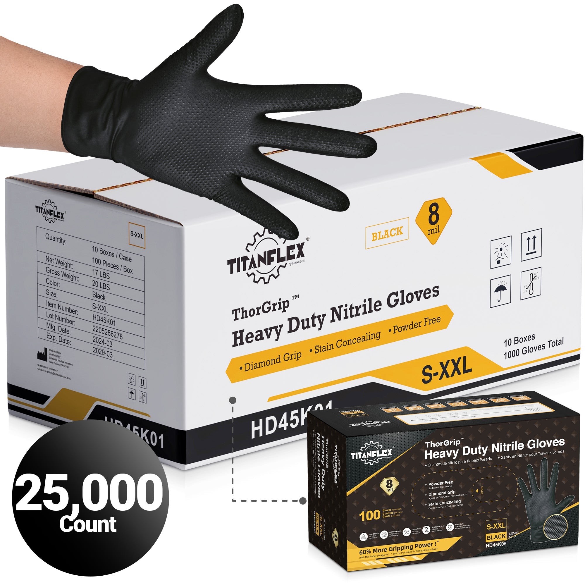 TitanFlex Nitrile Gloves Black, 25,000 Count, 8mil - (HD45K0X-C)