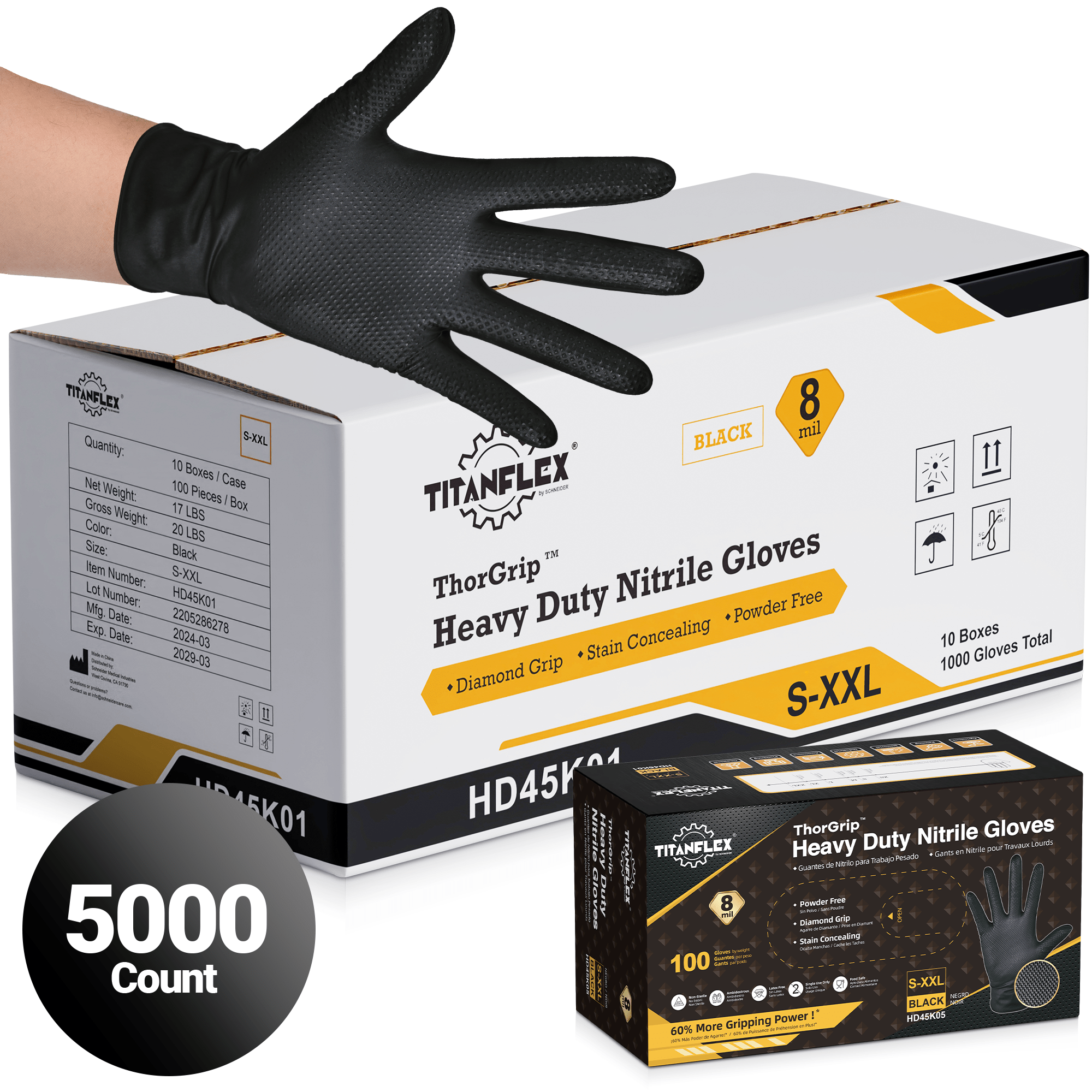 TitanFlex Nitrile Gloves Black, 5,000 Count, 8mil - (HD45K01-C)