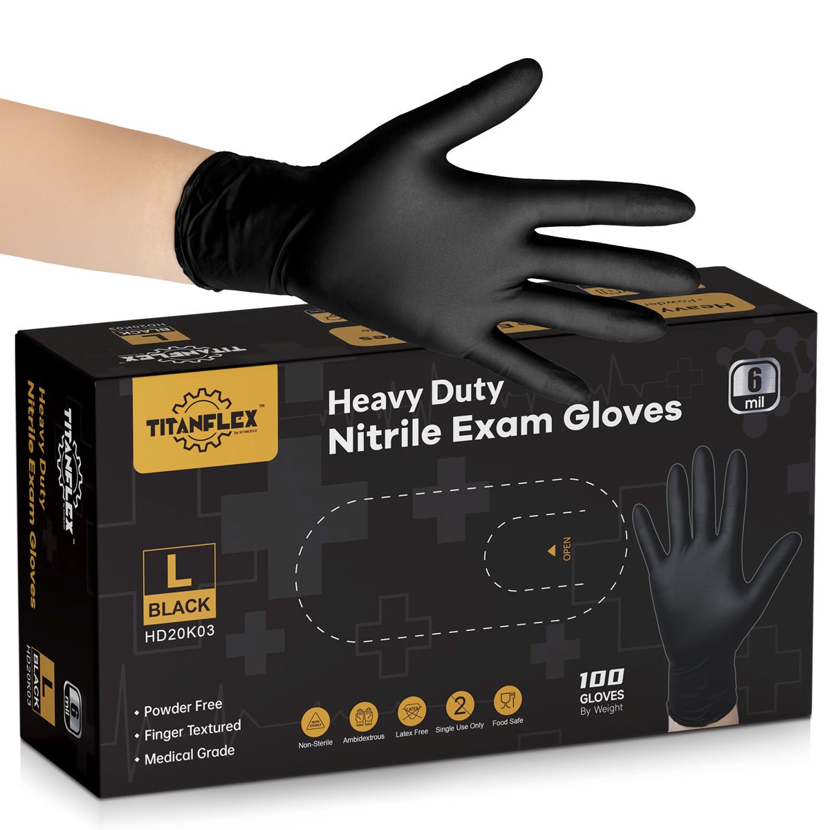 TitanFlex Nitrile Gloves Latex-Free 6Mil Disposable Gloves Black - (HD20K)