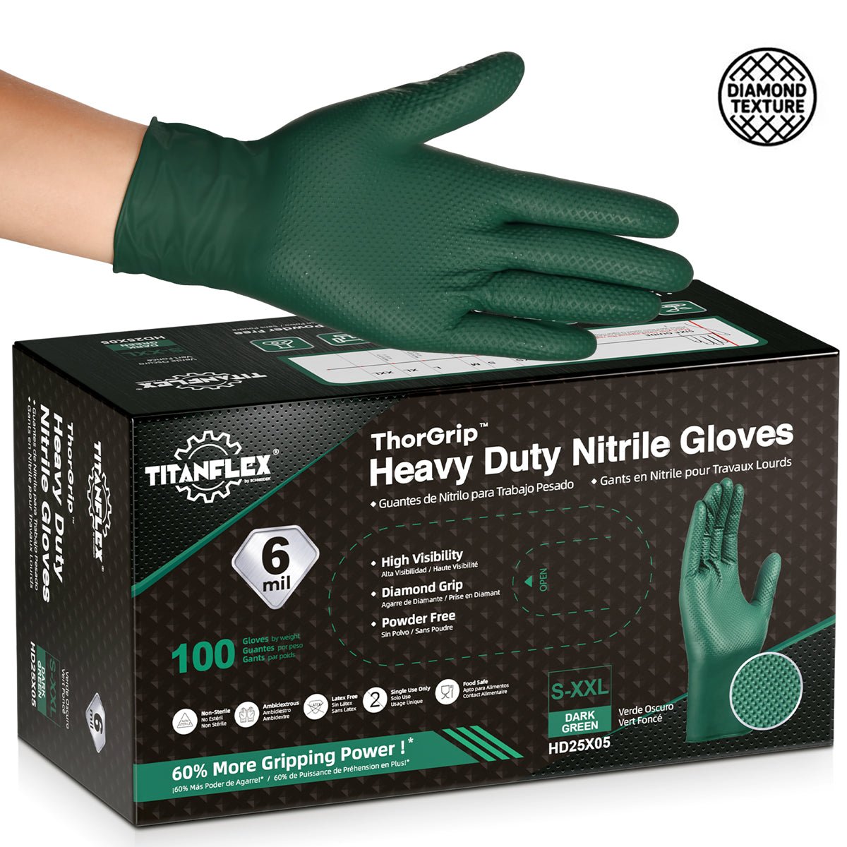 TitanFlex Nitrile Gloves, Latex-Free, 6Mil, Disposable Gloves, Dark Green, HD25X, 100 Count, Large
