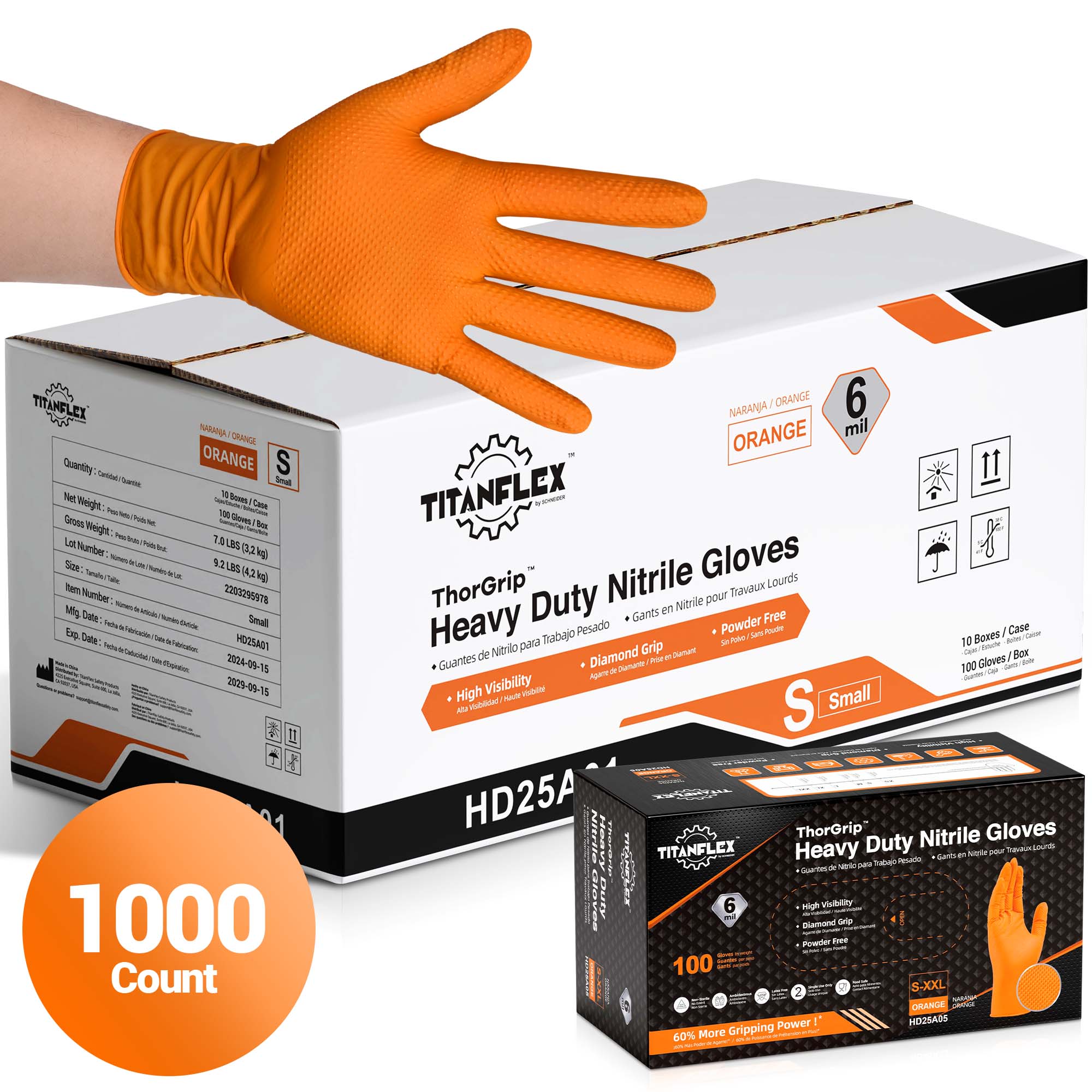 TitanFlex Nitrile Gloves Orange, 1000 Count, 6mil - (HD25AX-C)
