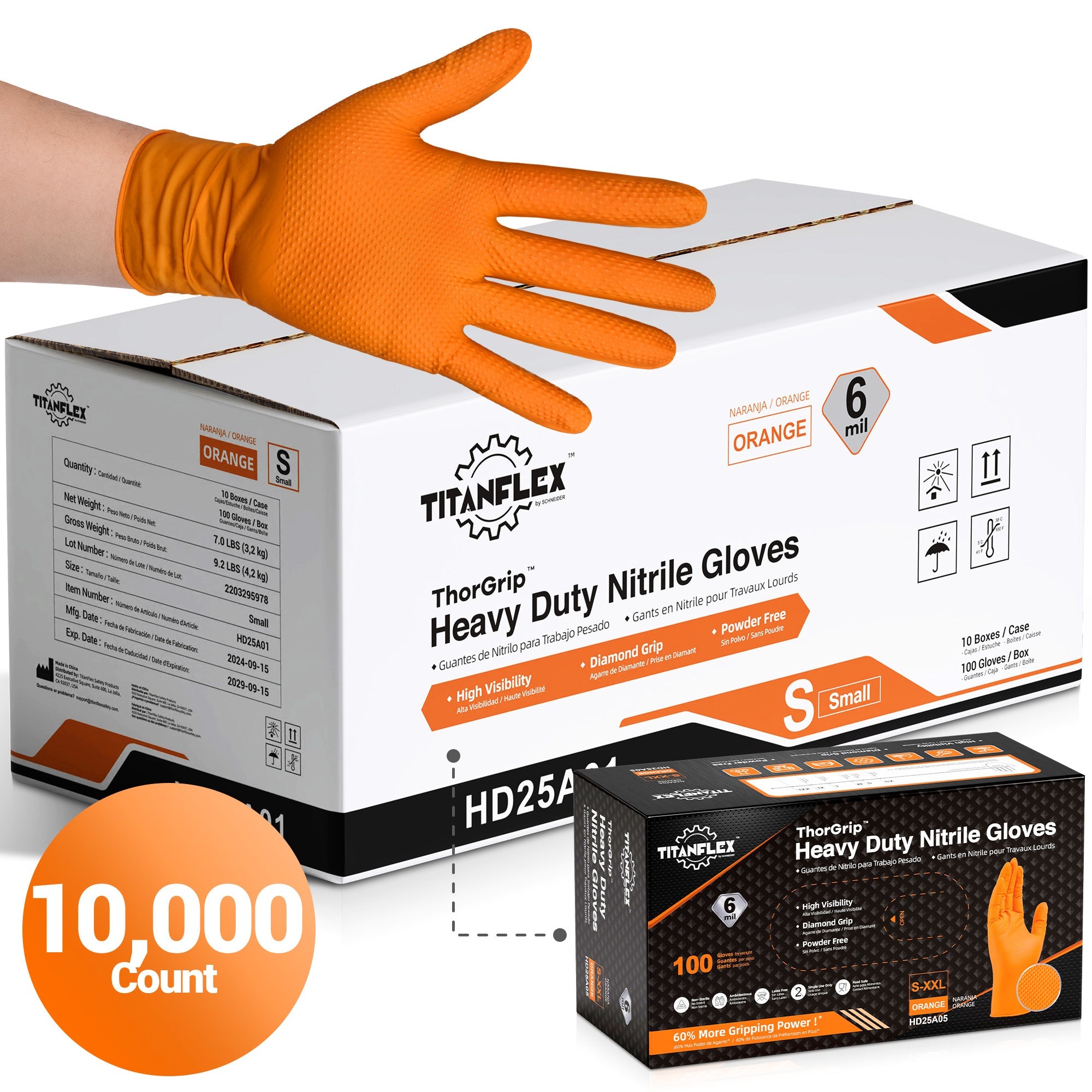 TitanFlex Nitrile Gloves Orange, 10,000 Count, 6mil - (HD25AX-C)