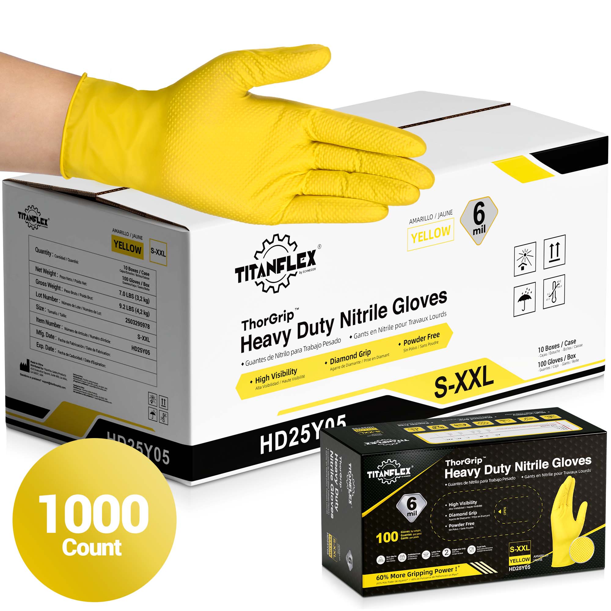 TitanFlex Nitrile Gloves Yellow, 1000 Count, 6mil - (HD25YX-C)