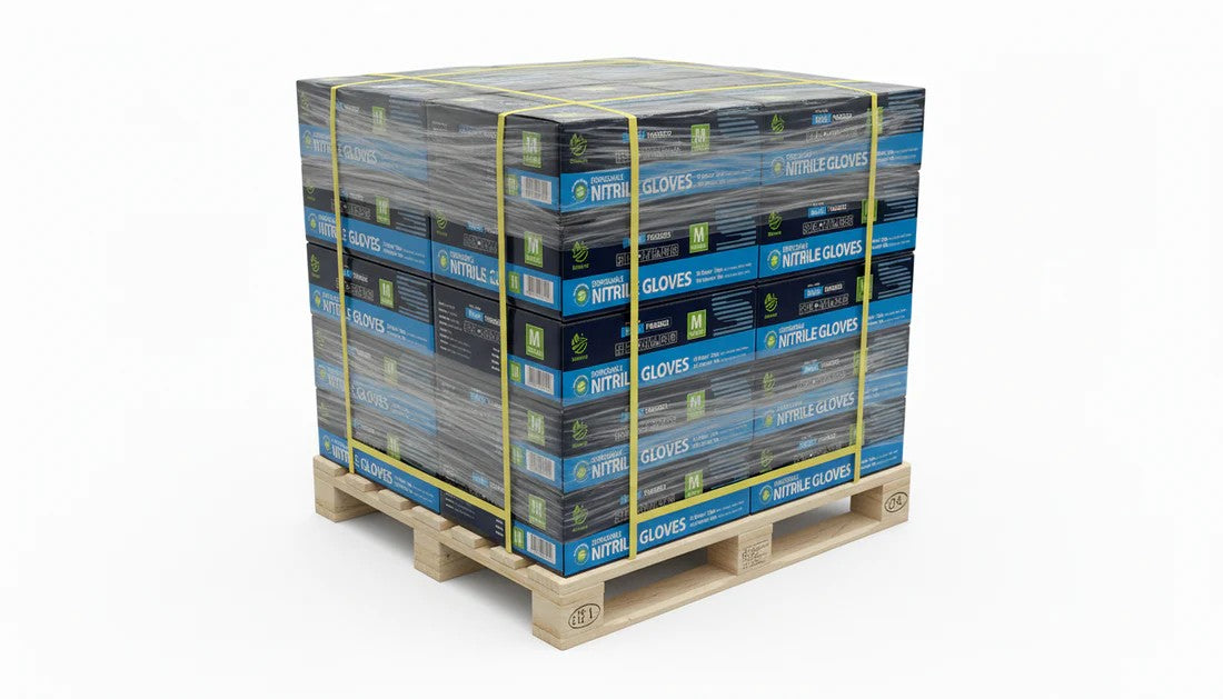 Stack of boxes labeled 'Nitrile Gloves' on a wooden pallet against a white background